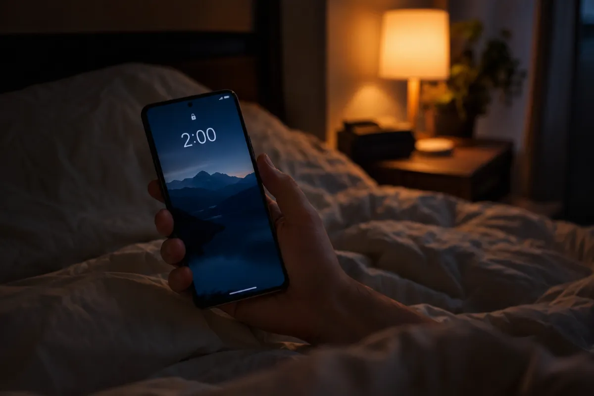 Telefon z Androidom na nočni omarici ponoči kaže 2.00 po premiku ure
