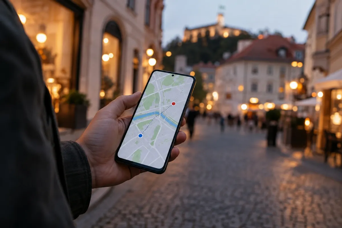 Telefon z Androidom prikazuje zemljevid z deljeno lokacijo dveh oseb